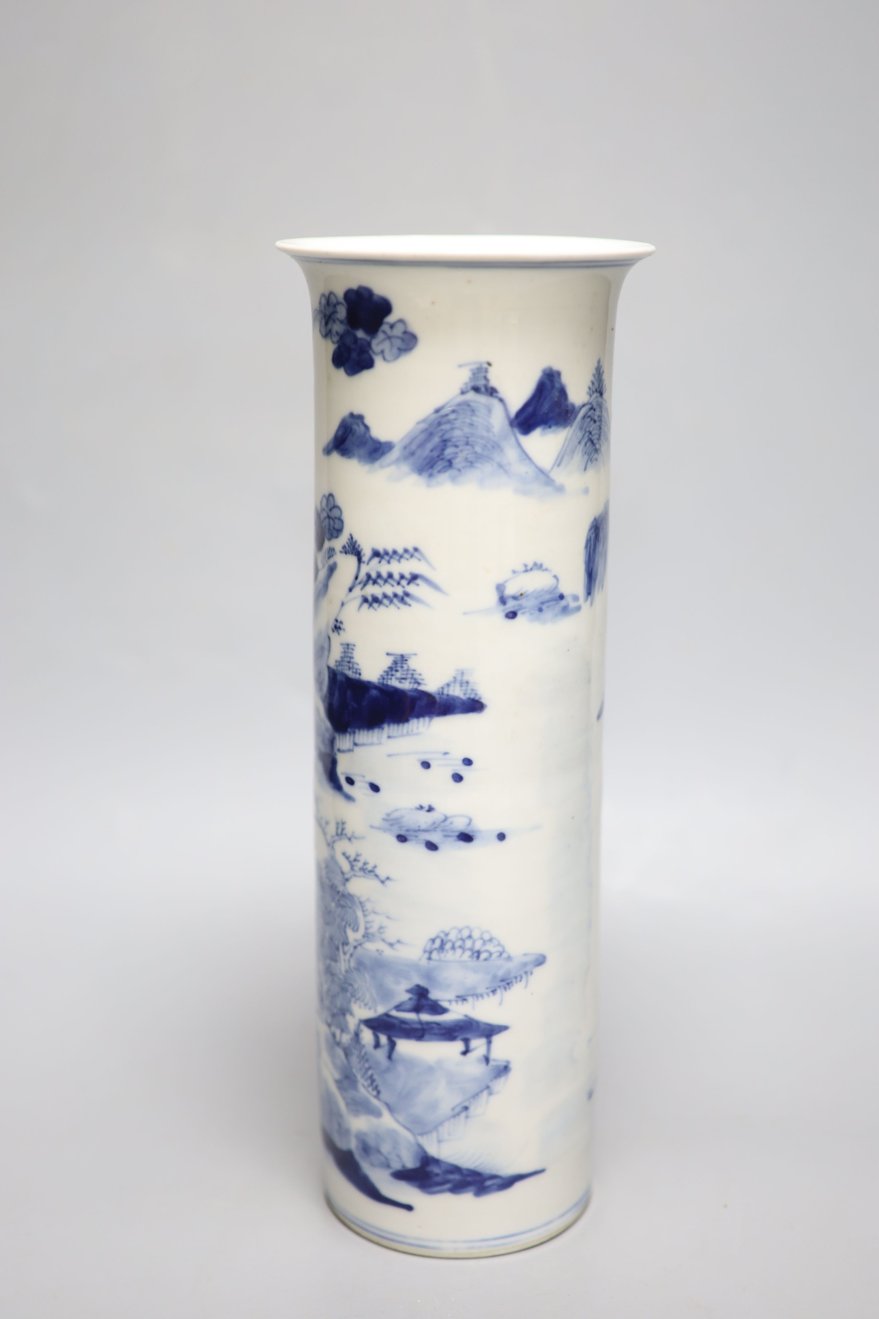 A Chinese blue and white sleeve vase, Kangxi mark but c.1900, height 30.5cm